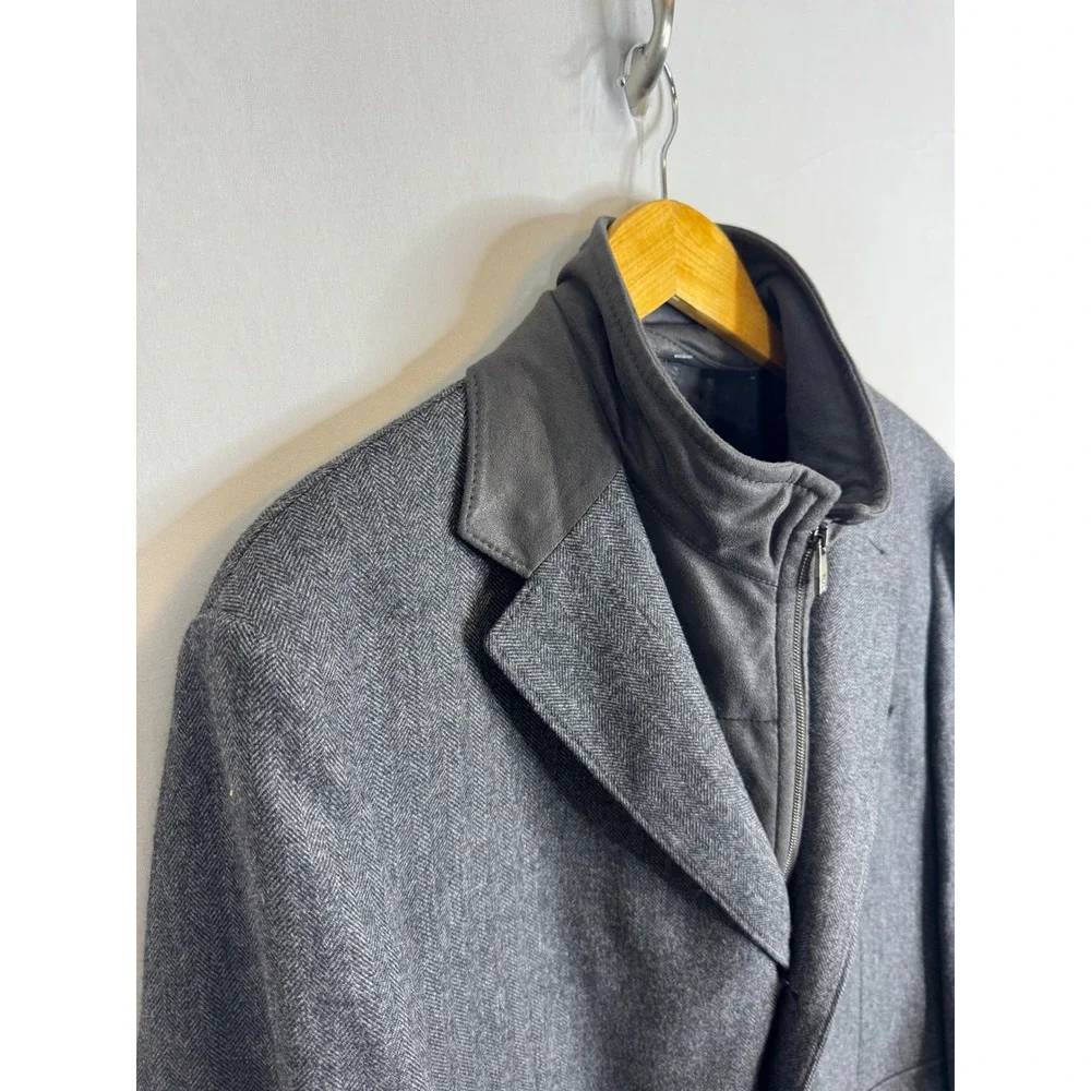Corneliani ID Grey Wool Cashmere Herringbone Blazer Mock Neck Bib Jacket 54R IT